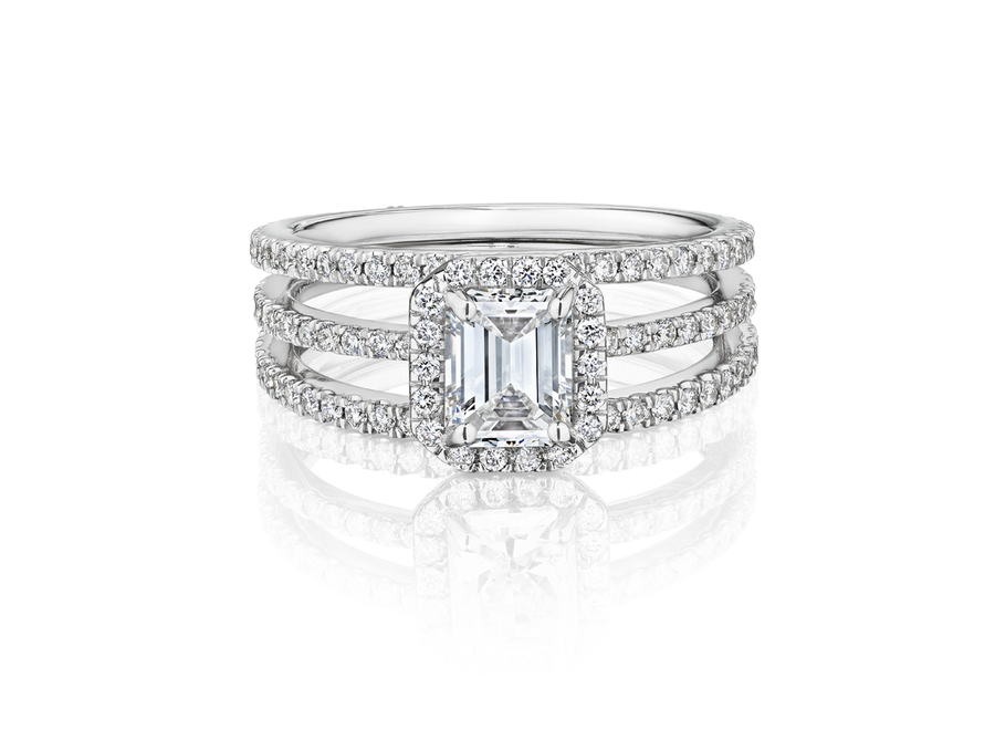 Emerald Cut Diamond Platinum Engagement Ring with Micro-pavé Halo and Shank