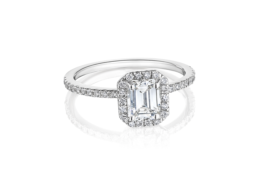 Emerald Cut Diamond Platinum Engagement Ring with Micro-pavé Halo and Shank