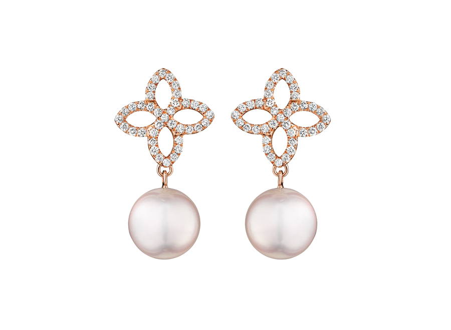 Pavéd Diamond Earrings with Akoya Cultured Pearl Drops in 18K Gold