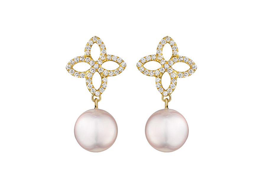 Pavéd Diamond Earrings with Akoya Cultured Pearl Drops in 18K Gold