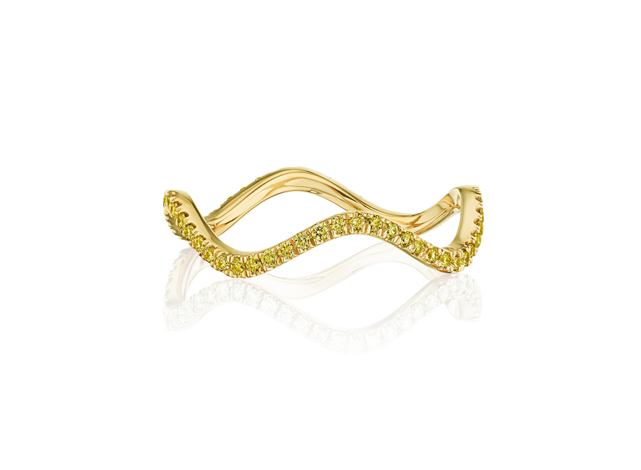 Pavéd Natural Fancy Intense Diamond Wave Ring with 18K Yellow Gold