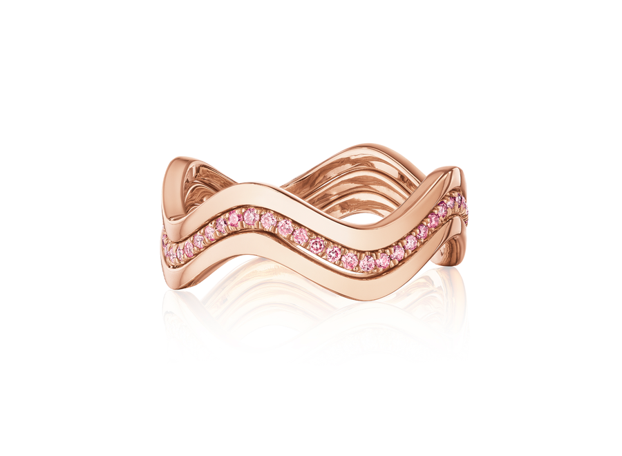 Wave Ring Set with Pavé Natural Fancy Pink Diamonds in 18K Rose Gold
