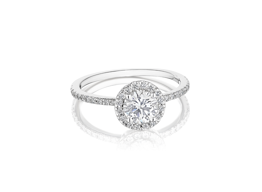 Round Brilliant Platinum Engagement Ring with Micro-pavé Halo and Shank