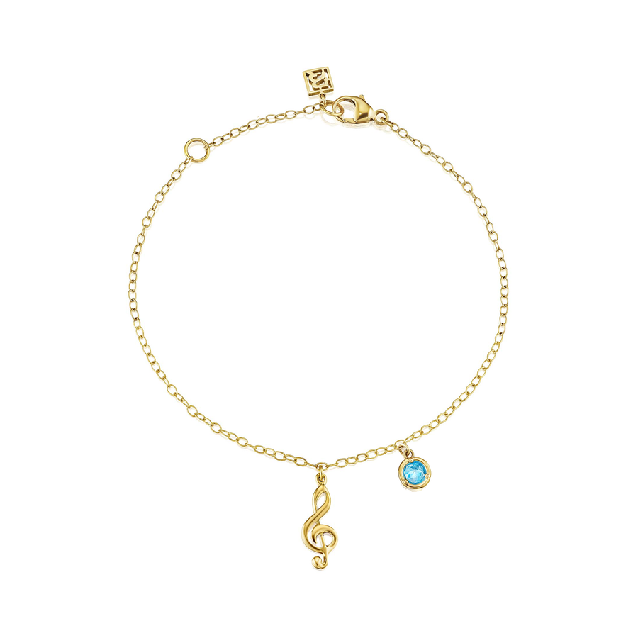 18K Yellow Gold Treble Clef Charm Bracelet - With Birthstone Options